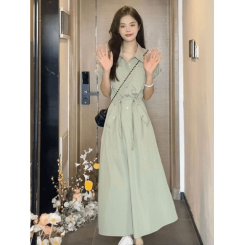 OPMY法式綠色連衣裙女夏季2025新款奢侈高級大牌氣質工裝襯衫長裙
