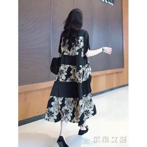 2025夏季真絲連衣裙女設計感高級洋氣大碼寬松減齡印花桑蠶絲裙子