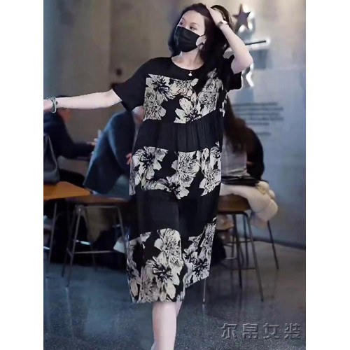 2025夏季真絲連衣裙女設計感高級洋氣大碼寬松減齡印花桑蠶絲裙子