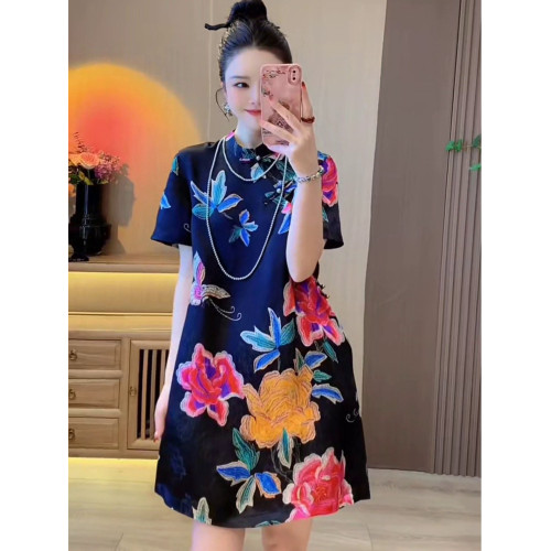 大碼夏季新款高級感新中式氣質連衣裙女國潮風提花盤釦顯瘦旗袍裙