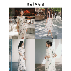 naivee納薇2025年夏收腰顯瘦中長裙萊賽爾印花茶歇法式連衣裙女
