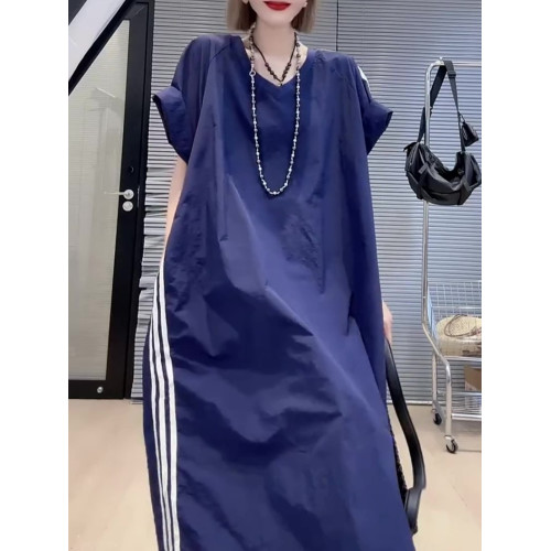 2025夏季新款撞色側條紋短袖連衣裙女洋氣百搭寬松長款過膝長裙潮