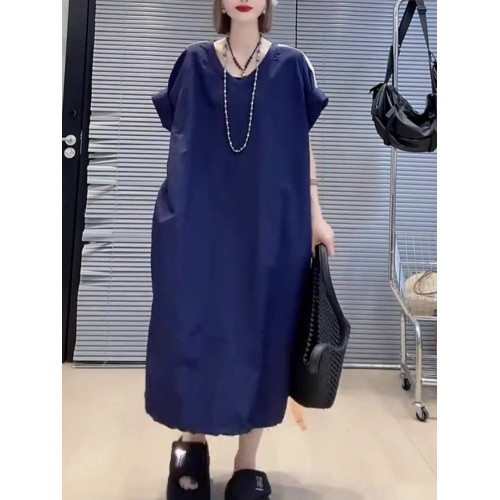 2025夏季新款撞色側條紋短袖連衣裙女洋氣百搭寬松長款過膝長裙潮