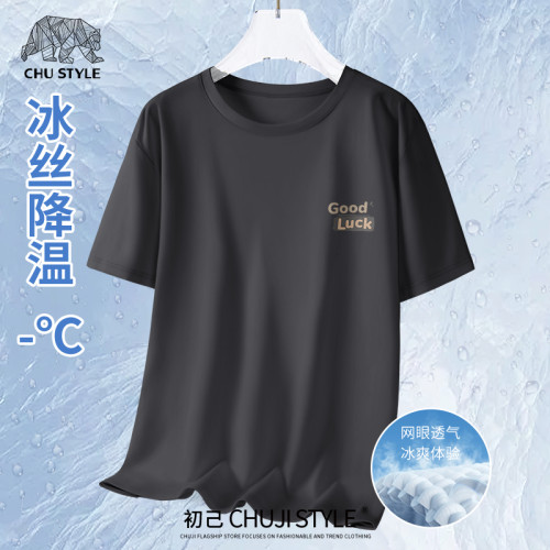 短袖男t恤2025夏季新款冰絲涼感速乾透氣體恤青少年設計感五分袖
