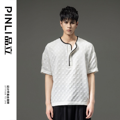 PINLI品立男t恤2023夏季新款潮流領口設計格子提花男士半袖體恤男