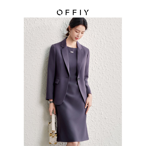 OFFIY-暗紫葡萄 經典TH醋酸短袖修身商務職業通勤氣質連衣裙春夏
