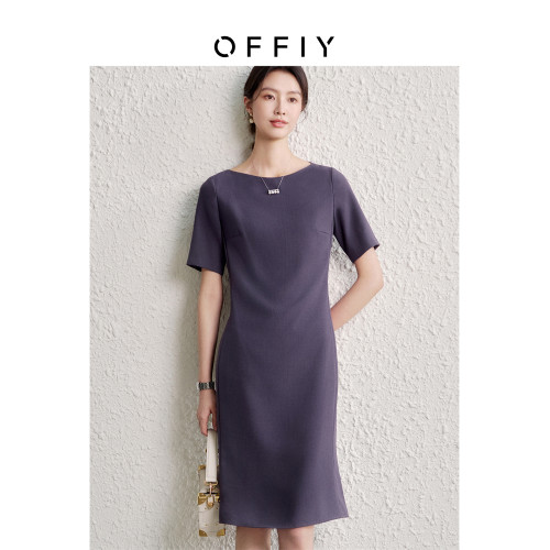 OFFIY-暗紫葡萄 經典TH醋酸短袖修身商務職業通勤氣質連衣裙春夏