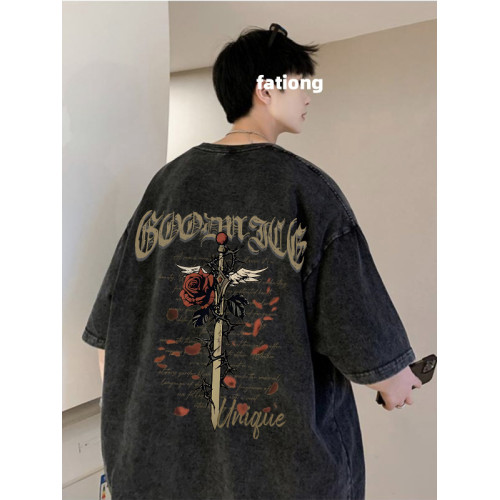 美式潮牌復古做舊短袖男t恤夏季新款潮流200斤大碼寬松水洗上衣服