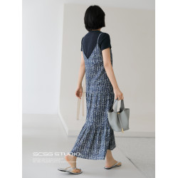 三吋時光4638-萊賽爾亞麻碎花吊帶裙！度假風連衣裙沙灘裙背心裙