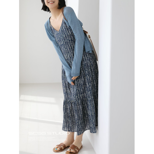 三吋時光4638-萊賽爾亞麻碎花吊帶裙！度假風連衣裙沙灘裙背心裙