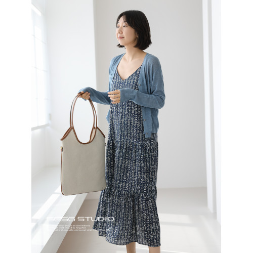 三吋時光4638-萊賽爾亞麻碎花吊帶裙！度假風連衣裙沙灘裙背心裙