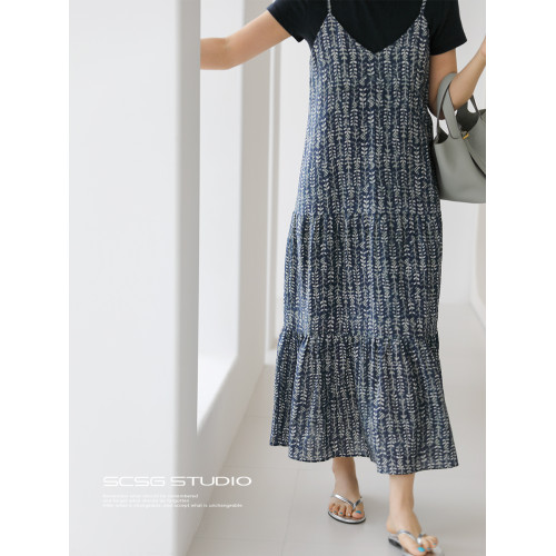 三吋時光4638-萊賽爾亞麻碎花吊帶裙！度假風連衣裙沙灘裙背心裙