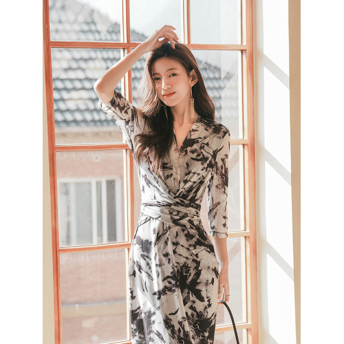 印象水墨~裹身裙女夏2025春夏女裝新款氣質包臀網紗水墨畫連衣裙