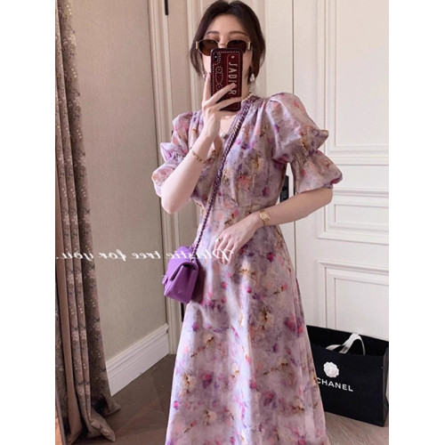 歐洲站夏季女裝2025新款法式高級感氣質v領碎花長裙子紫色連衣裙