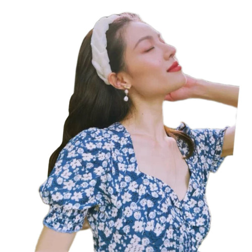 鍾楚曦趙露思同款藍色法式V領碎花連衣裙女 側開叉泡泡袖雪紡長裙