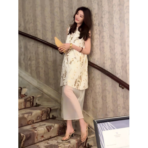 法式時髦小香風重工鎏金印花無袖連衣裙女2025夏季輕奢高級感裙子