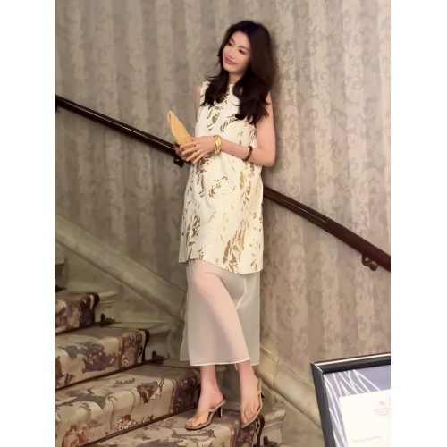 法式時髦小香風重工鎏金印花無袖連衣裙女2025夏季輕奢高級感裙子