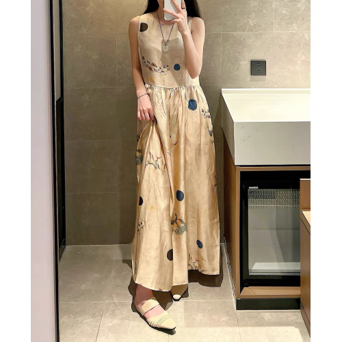 仙鶴與孔雀 UWA風100%桑蠶絲真絲寬鬆休閒無袖復古背心連衣裙夏女