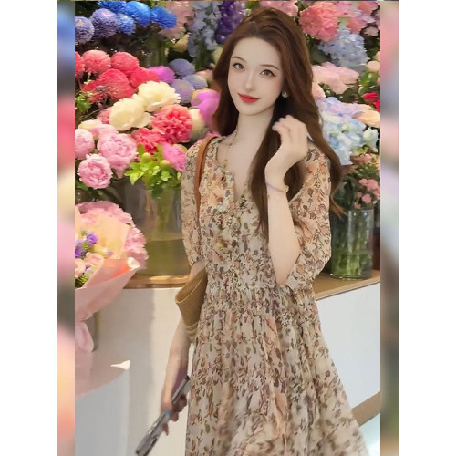 原單高級輕奢印花真絲連衣裙女氣質名媛收腰印花洋氣桑蠶絲長裙子