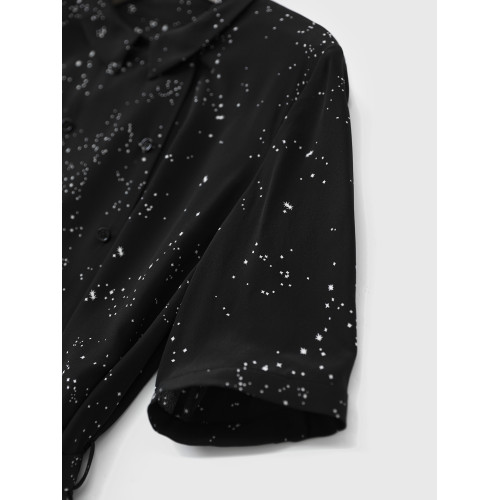 【繁星點點-真絲裙】雙縐真絲優雅小繙領印花連衣裙/中長裙新款の