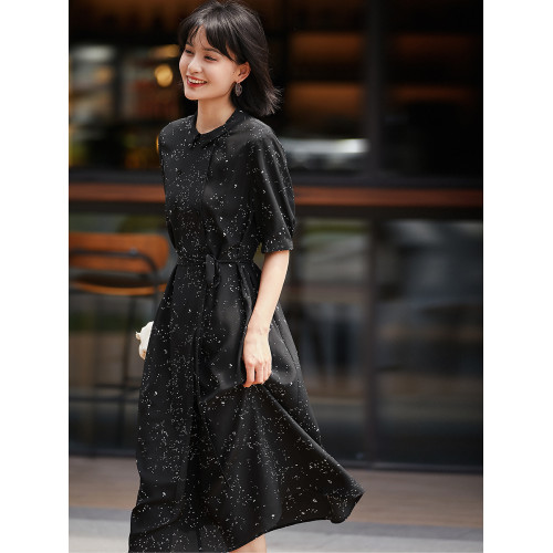 【繁星點點-真絲裙】雙縐真絲優雅小繙領印花連衣裙/中長裙新款の
