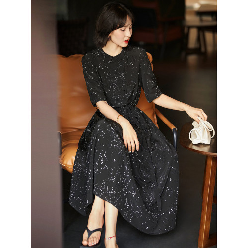 【繁星點點-真絲裙】雙縐真絲優雅小繙領印花連衣裙/中長裙新款の