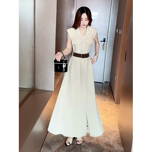 法式高級感無袖翻領連衣裙女2025夏季新款收腰開叉顯瘦背心長裙子