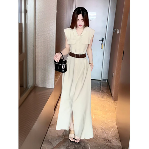 法式高級感無袖翻領連衣裙女2025夏季新款收腰開叉顯瘦背心長裙子