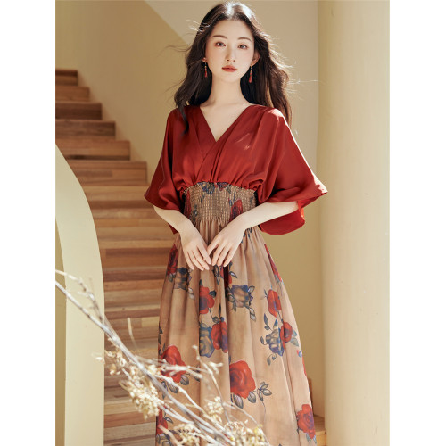 新中式油畫紅色連衣裙海邊拍照衣服超仙旅遊異域風情西域漢服長裙