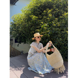 heidy海蒂 度假檸檬 壓條蕾絲邊100苧麻印花連衣裙系繩飛袖長裙子