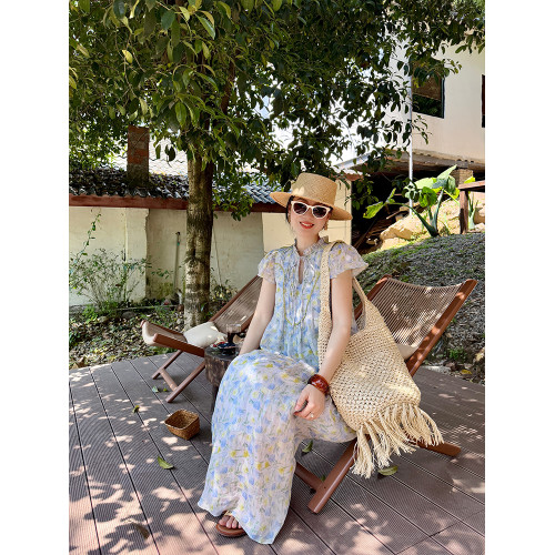 heidy海蒂 度假檸檬 壓條蕾絲邊100苧麻印花連衣裙系繩飛袖長裙子