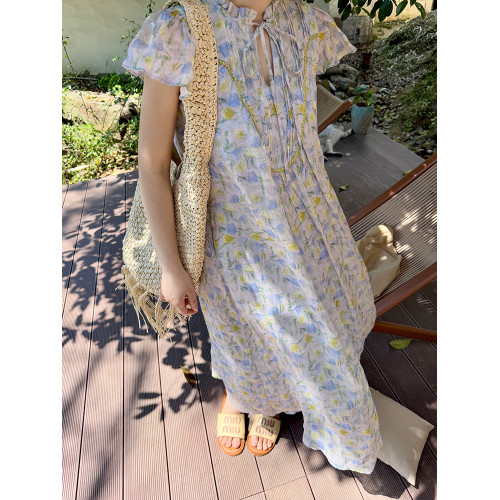 heidy海蒂 度假檸檬 壓條蕾絲邊100苧麻印花連衣裙系繩飛袖長裙子