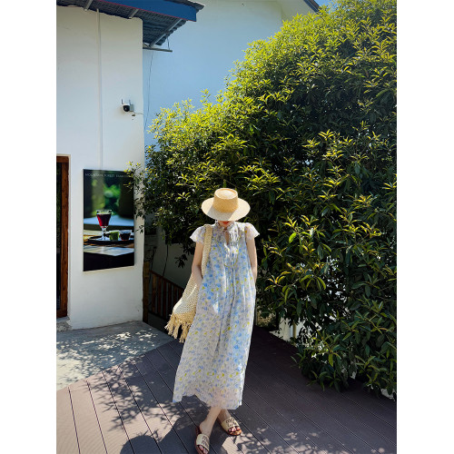 heidy海蒂 度假檸檬 壓條蕾絲邊100苧麻印花連衣裙系繩飛袖長裙子