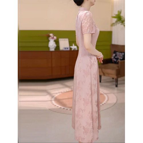 曼芬粉色印花改良旗袍連衣裙女2025新款夏收腰氣質國風拼接a字裙
