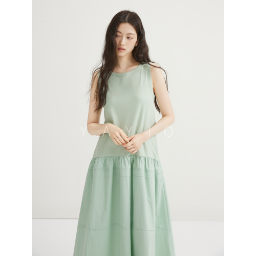 YAYIO 夏季新款圓領拼接連衣裙女2025嫩綠色純棉無袖度假長裙
