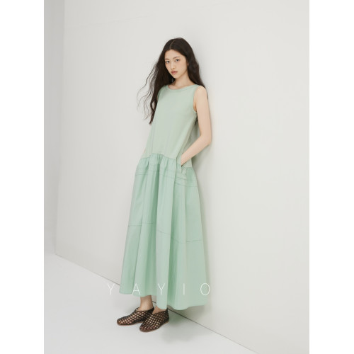 YAYIO 夏季新款圓領拼接連衣裙女2025嫩綠色純棉無袖度假長裙