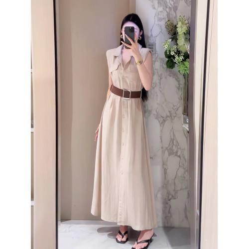 復古翻領無袖紐釦設計連衣裙女夏裝新款氣質通勤純色收腰顯瘦長裙
