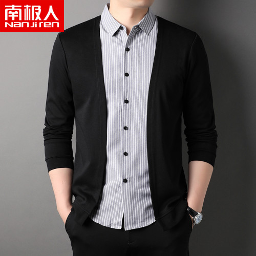 南極人開衫假兩件外套男t恤長袖秋季薄款潮流襯衫領外穿男裝上衣