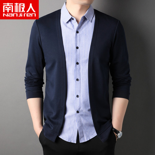 南極人開衫假兩件外套男t恤長袖秋季薄款潮流襯衫領外穿男裝上衣