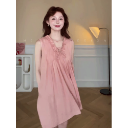 韓系氣質無袖背心連衣裙女2025夏季新款設計感木耳邊V領顯瘦短裙