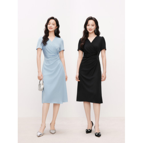 【玫瑰裙】珂萊蒂爾2025年夏季新款醋酸優雅V領連衣裙女修身氣質