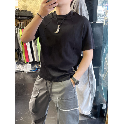2025夏季男士純色個性裁剪短袖T恤寬松版型棉簡約休閒刺綉男T恤夏
