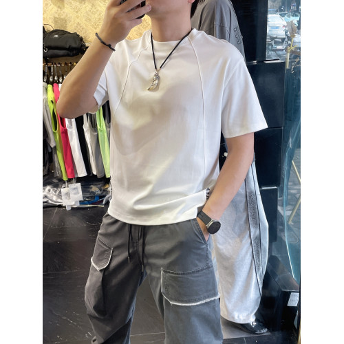 2025夏季男士純色個性裁剪短袖T恤寬松版型棉簡約休閒刺綉男T恤夏