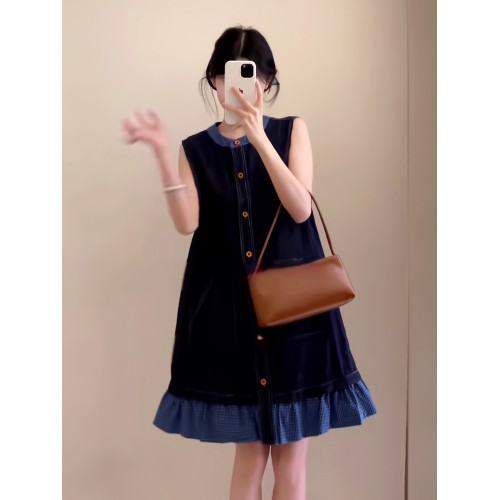 法式復古格子拼接假兩件牛仔連衣裙女夏季2025年新款小個子背心裙