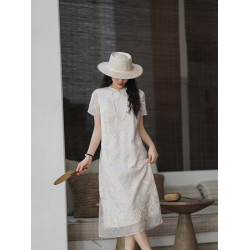 麻霖經典鬱金香版型桑蠶絲真絲歐根紗鏤空刺綉面料新中式連衣裙