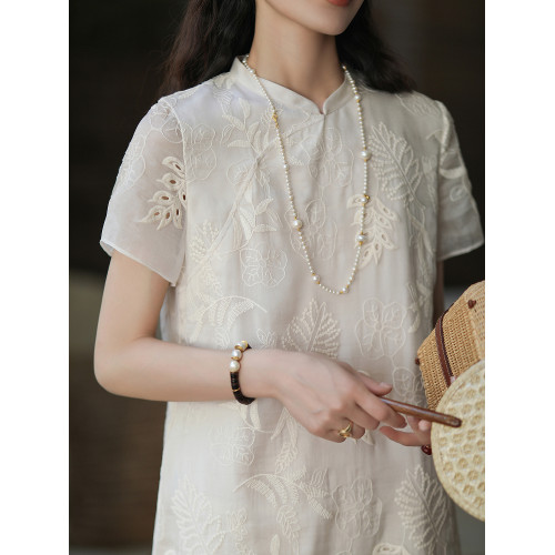 麻霖經典鬱金香版型桑蠶絲真絲歐根紗鏤空刺綉面料新中式連衣裙