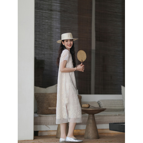 麻霖經典鬱金香版型桑蠶絲真絲歐根紗鏤空刺綉面料新中式連衣裙