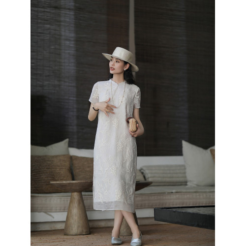 麻霖經典鬱金香版型桑蠶絲真絲歐根紗鏤空刺綉面料新中式連衣裙