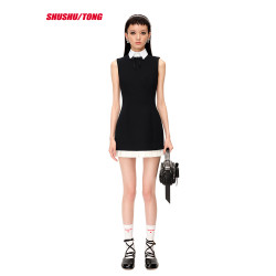 【SHUSHUTONG】女款時尚氣質優雅精緻荷葉邊無袖修身連衣裙A字裙