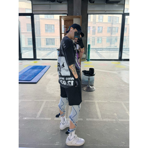 XXXHOT愛心後背英文字母印花水洗做舊寬松短袖健身運動情侶男T恤